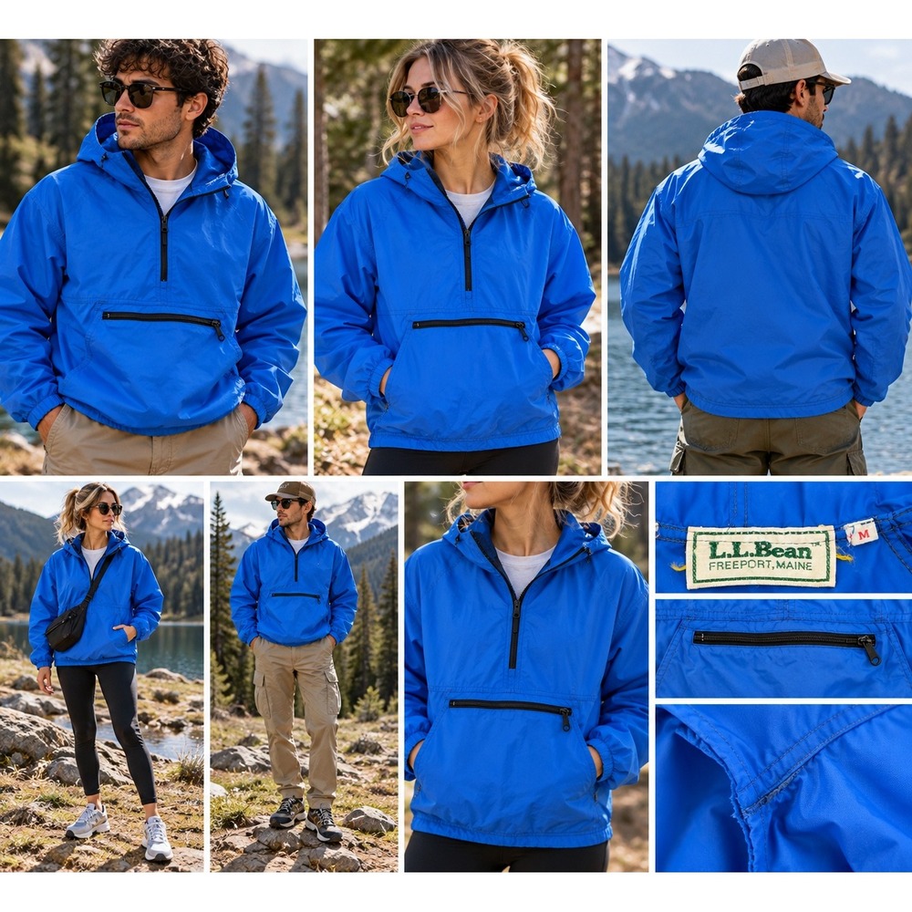 Vintage LL Bean Anorak Jacket Blue Nylon Half Zip Hooded Pullover Mens Medium